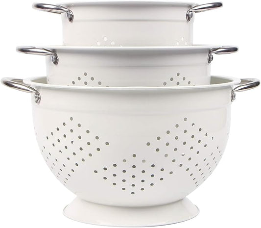 Rorence Powder Coated Steel Colanders: 1.5 Quart 3 Quart & 5 Quart Set of 3 - White