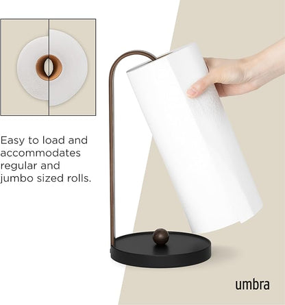 Umbra Bellwood Paper Towel Holder for Kitchen Countertop, with Real Wood Stand and Weighted Metal Base, Black/Walnut - Image 6