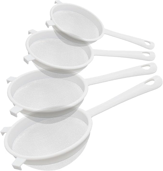 4 Pcs Plastic Nylon Fine Mesh Kefir Strainer Set with Handle, Sieve Fine Mesh Colander Flour Sifter for Yogurt Baking Kitchen Kefir Tea Juice Pasta