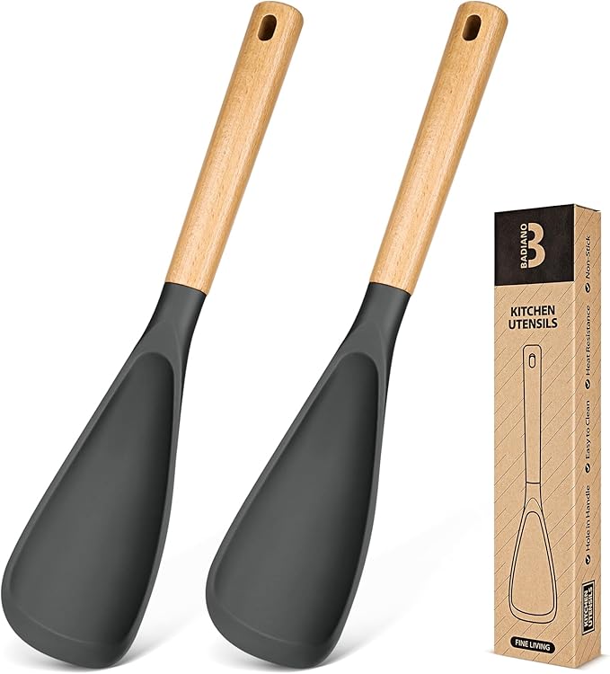 Cooking Spoon for Nonstick Cookwares, Great for Cooking and Serving Sturdy BPA-Free Matte Silicone, Wood Handle Spoon for Mixing, Scoop, and Scrape (2 Pack of Grey, 13.4 inch) by BADIANO