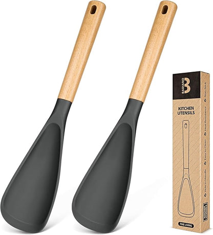 Cooking Spoon for Nonstick Cookwares, Great for Cooking and Serving Sturdy BPA-Free Matte Silicone, Wood Handle Spoon for Mixing, Scoop, and Scrape (2 Pack of Grey, 13.4 inch) by BADIANO