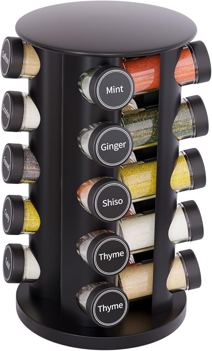 New England Stories Revolving Spice Rack Set with 20 Spice Jars, Kitchen Spice Tower Organizer for Countertop or Cabinet - Carousel Storage Includes 386 Spice Labels (Black) by NewEnglandStories