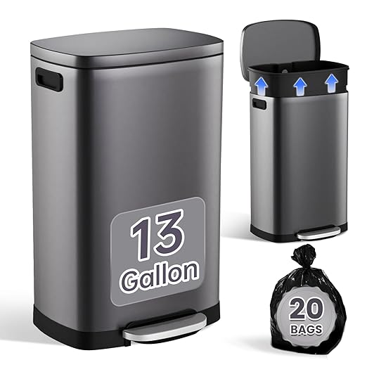 ELPHECO Kitchen Trash Can with Lid Soft Close, 13 Gallon / 50L Stainless Steel Pedal Garbage Can, Heavy-Duty Step Wastebasket with 20 Bags, Removable Bucket, Home Office, Titanium Silver by ELPHECOUSA