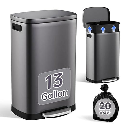 ELPHECO Kitchen Trash Can with Lid Soft Close, 13 Gallon / 50L Stainless Steel Pedal Garbage Can, Heavy-Duty Step Wastebasket with 20 Bags, Removable Bucket, Home Office, Titanium Silver by ELPHECOUSA