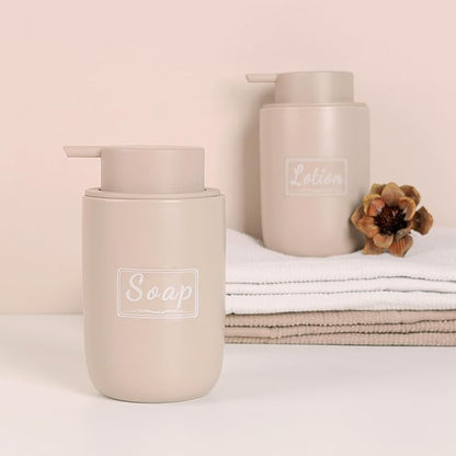 BosilunLife Khaki Soap Dispenser Set - 2 Pack 12oz Ceramic Dish Soap Dispenser with Rust Proof Pump for Kitchen, Hand Soap and Lotion Set Suitable for Farmhouse Bathroom Decor with Waterproof Labels