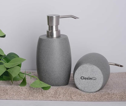 Clasin Home Sandstone Textured Resin Soap Dispenser with Metallic Pump and Waterproof Bottle Labels for Bathroom Kitchen Dish Hand Wash Shower Lotion Shampoo, 12 Oz, 2 Sets Gray