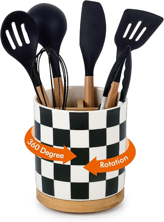 LoeJan 3 Compartment Utensil Holder, Extra Large Utensil Crock, Stable Ceramic Utensil Organizer, Cooking Tool Organizer Set for Kitchen Counter Farmhouse Decor (G-Black(Square)) by LoeJan