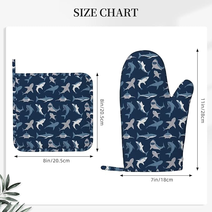 Cool Sharks Oven Mitts and Pot Holders Set of 4 Silicone Blue Grey Sharks Kitchen Mitten Gloves and Non-Slip Potholders Set Heat Resistant Oven Gloves Hot Holders for Kitchen