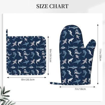 Cool Sharks Oven Mitts and Pot Holders Set of 4 Silicone Blue Grey Sharks Kitchen Mitten Gloves and Non-Slip Potholders Set Heat Resistant Oven Gloves Hot Holders for Kitchen