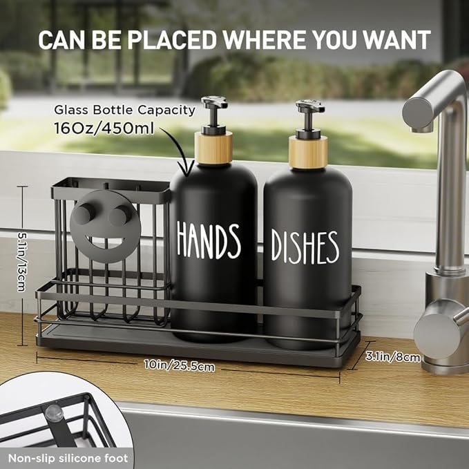 Moforoco Kitchen Dish Soap Dispenser Set, 16OZ Glass Bottle, Hand and Dish Soap Dispenser Set, Instant Dry Tray, Brush Holder with Smiley Face Sponge Holder (Black Tray+Black Bottle) - Image 5