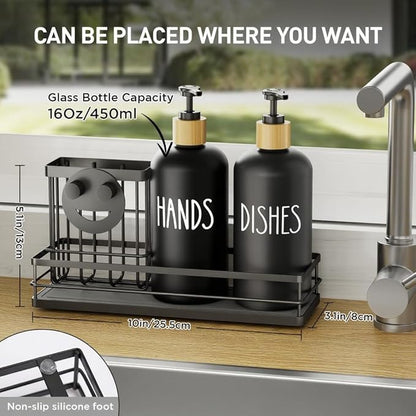 Moforoco Kitchen Dish Soap Dispenser Set, 16OZ Glass Bottle, Hand and Dish Soap Dispenser Set, Instant Dry Tray, Brush Holder with Smiley Face Sponge Holder (Black Tray+Black Bottle) - Image 5