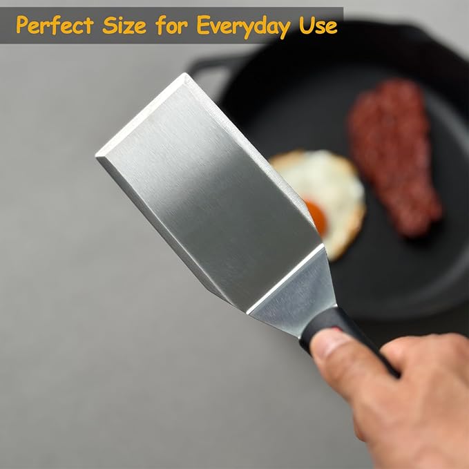 Professional Metal Spatula for Cast Iron Skillets and Flat Top Grills, Full Tang Silicone Handle,Thickened Stainless Steel Blade, Smash Burger Spatula Turner for Flipper, Cooking, BBQ, 5 x 2.75 Inch - Image 7