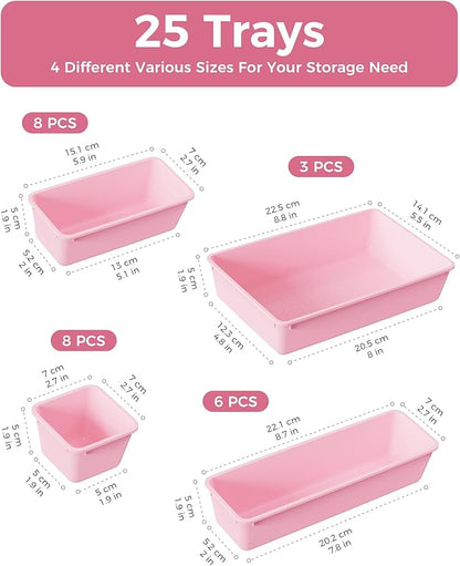 BiuLeon 25 PCS Plastic Drawer Organizers Set, 4-Sizes Vanity and Makeup Organizer, Desk and bathroom Drawer Organizer Trays, Organizers and Storage for Makeup, Jewelry, Gadgets, Utensils (Pink) - Image 2