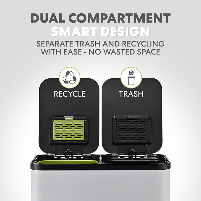 Simpli-Magic 60 Liter / 16 Gallon Rectangular Hands-Free Dual Compartment Recycling Kitchen Step Trash Can with Soft-Close Single Lid, Stainless Steel (30L x 30L Capacity) White - Image 2