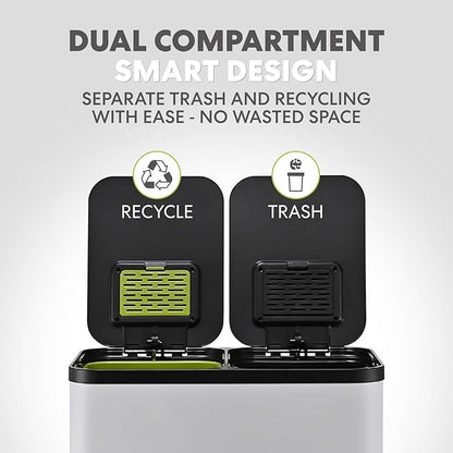 Simpli-Magic 60 Liter / 16 Gallon Rectangular Hands-Free Dual Compartment Recycling Kitchen Step Trash Can with Soft-Close Single Lid, Stainless Steel (30L x 30L Capacity) White - Image 2
