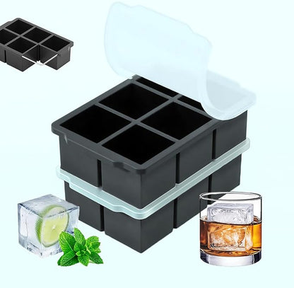 Large Ice Cube Tray for Whiskey, silicone ice cube trays with lid, Enhanced Stability with Built-in Steel Ring, 2inch Huge Cubed ice cube molds, Stackable, Easy Release, Dishwasher Safe(2Pack,Black)