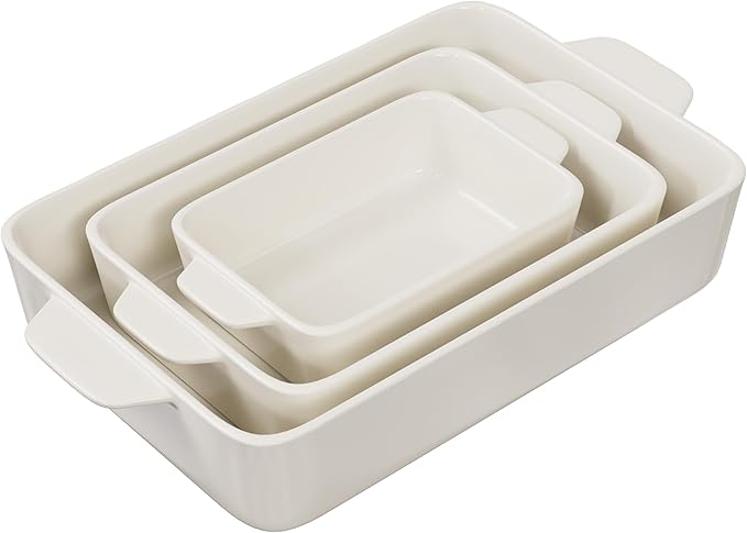 Kook Ceramic Bakeware Set, Rectangular Baking Dishes, For Casseroles, Lasagna, Cake, Small, Medium & Large Pans, Microwave & Dishwasher Safe, Set of 3, (Ivory) - Image 2