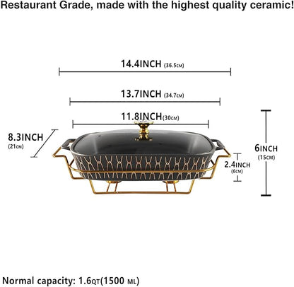 11" x 8" Ceramic Rectangular Casserole Dish with Glass Lid and rack, 1.6 Quart Serving Soup Tureen,Chafing Dish for Buffet, Family Food preserve Tray, Catering for Party Style, Black