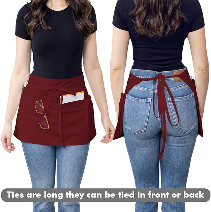 Dreamology Waitress Apron,Aprons for Women With Pockets,Server Aprons with 3 pockets,Waiter Apron For Men and Women,Gardening and Waist Apron,Server Aprons Women - Maroon Waist Apron (3 Pack)