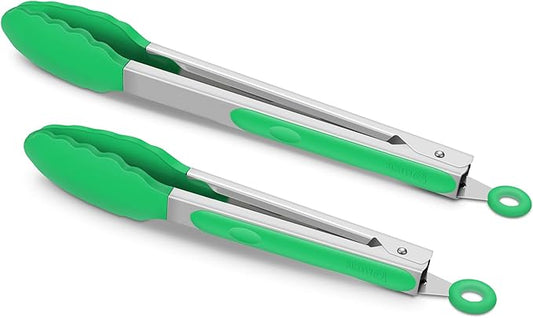 2 Pack Silicone Kitchen Tongs – 9" & 12" Set, Heat Resistant up to 500°F, Non‑Stick Cookware Safe, Wavy Silicone Tips, BPA Free, Locking Clip & Hanging Loop, Dark Green by ALLWIN-HOUSEWARE