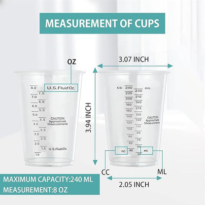 Clear Plastic Measuring Cups, 8oz Graduated Disposable and Reusable Mixing Cups for Resin, Paint, Stain, Cooking, Baking, and Crafts (100 Pack)