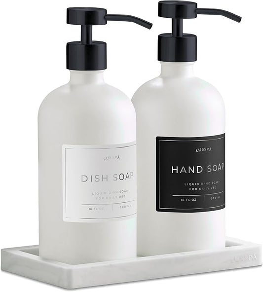 Glass Soap Dispenser Set of 2 (White) with Silicone Tray | Hand and Dish Soap Dispenser for Kitchen and Bathroom | 16.8 Oz Glass Bottles with Stainless Steel Pump & 15 Waterproof Labels (White/Black)