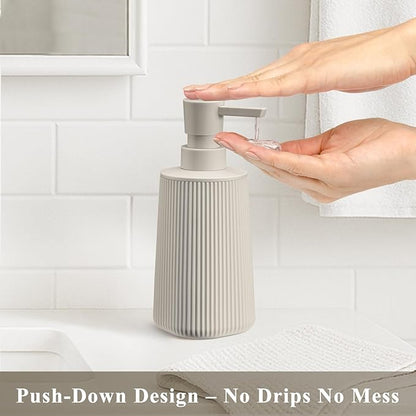 Beige 2 Pack Hand Soap Dispensers Set with No Rust Pump for Bathroom and Kitchen Countertops Refillable Matte Striped Plastic 8.5 oz