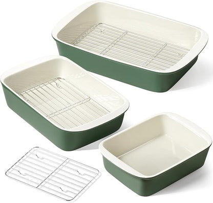 LE TAUCI Deep Casserole Dishes for Oven, 13.7”x9.6” Ceramic Baking Dish Set with Roasting Racks, Large Lasagna Pans with Handles, Rectangular Bakeware as Gift for Mom, Forest Green (4.6QT/3.0QT/1.6QT), Set of 3 by LETAUCI