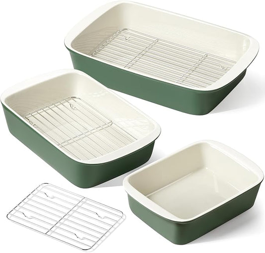 LE TAUCI Deep Casserole Dishes for Oven, 13.7”x9.6” Ceramic Baking Dish Set with Roasting Racks, Large Lasagna Pans with Handles, Rectangular Bakeware as Gift for Mom, Forest Green (4.6QT/3.0QT/1.6QT), Set of 3 by LETAUCI