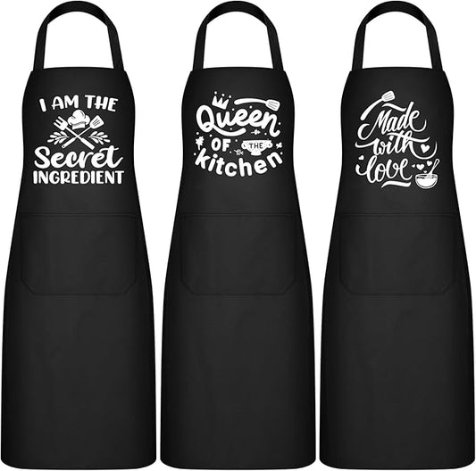 Jeyiour 3 Pack Funny Cooking Aprons Women Oil-proof Kitchen Aprons with Pockets for Home Chef BBQ Mother Day Birthday Gifts(Black)