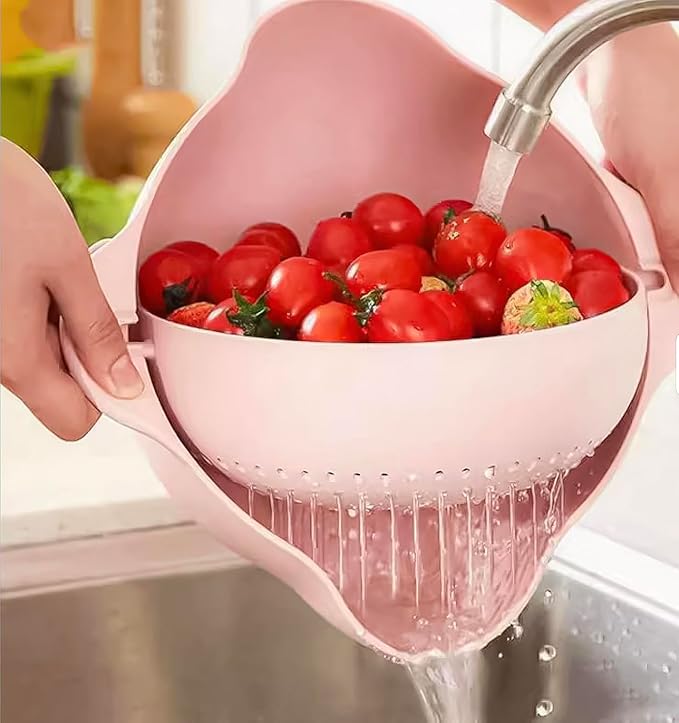 Kitchen Pro Double Rotatable Colander, Blue and Pink Plastic Vegetable and Fruit Strainer Bowl with Dual Draining Baskets, Kitchen Sink Drainer (Light Pink)