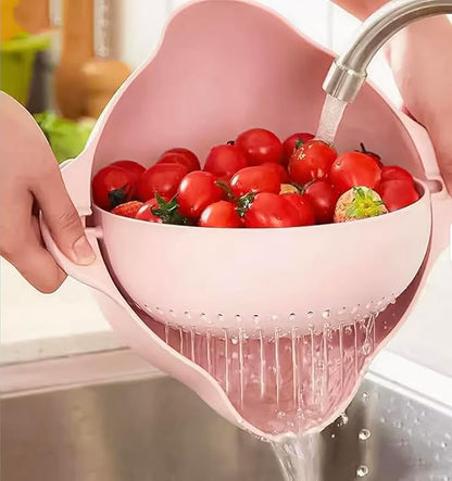 Kitchen Pro Double Rotatable Colander, Blue and Pink Plastic Vegetable and Fruit Strainer Bowl with Dual Draining Baskets, Kitchen Sink Drainer (Light Pink)