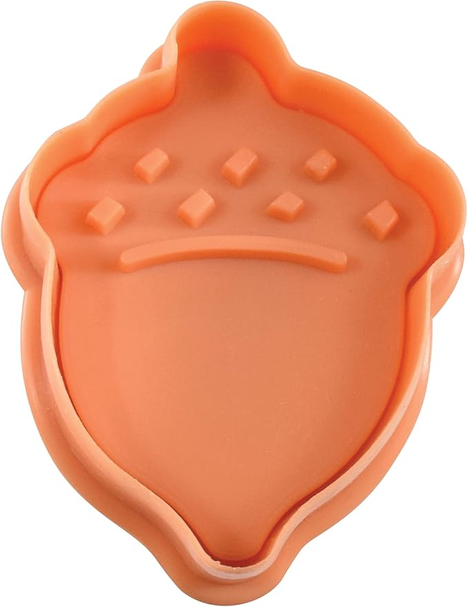 R&M Autumn Theme Pastry & Cookie Stamper set of 4. Assorted Designs & Colors, Turkey, Acorn, Pumpkin, Oak leaf. 2 Inch Assorted Color Cookie Cutters