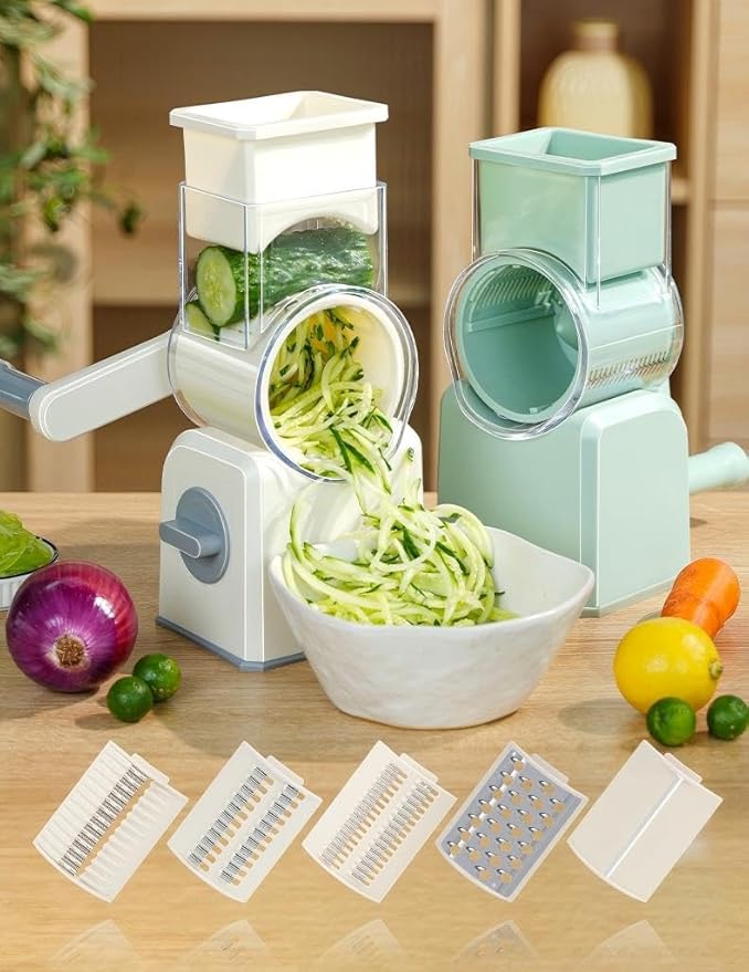 Rotary Cheese Grater with Hand Crank, Multi-Purpose Shredder Slicer with 5 Interchangeable Stainless Steel Blades for Shredding, Slicing, and Grating Cheese, Vegetables, and Fruit (Beige) - Image 2