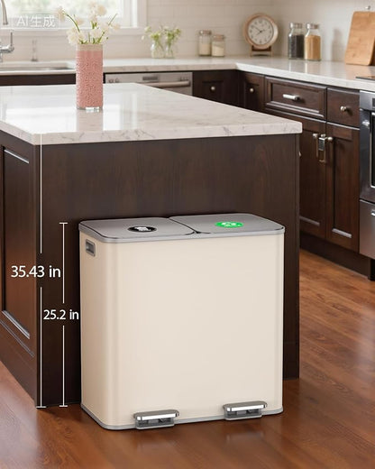 Lovewind Dual Trash and Recycling Bins for Kitchen, 2 * 11-Gallon Stainless Steel Double Trash Can, Step-On Garbage and Recycle Combo, Quiet Close, Pet-Proof, Compatible with 13-Gallon Bags, Apricot - Image 2