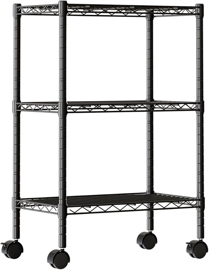 DUMOS 3-Tier Metal Wire Storage Shelves, Adjustable Standing Storage Rack Shelf with Wheels, Heavy Duty Steel Shelving Unit Organizers for Kitchen Bathroom Pantry Garage, 23.1"W×13.4"D×30.2"H, Black