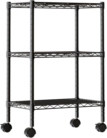 DUMOS 3-Tier Metal Wire Storage Shelves, Adjustable Standing Storage Rack Shelf with Wheels, Heavy Duty Steel Shelving Unit Organizers for Kitchen Bathroom Pantry Garage, 23.1"W×13.4"D×30.2"H, Black