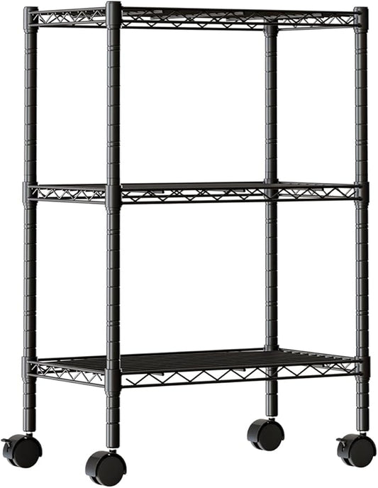 DUMOS 3-Tier Metal Wire Storage Shelves, Adjustable Standing Storage Rack Shelf with Wheels, Heavy Duty Steel Shelving Unit Organizers for Kitchen Bathroom Pantry Garage, 23.1"W×13.4"D×30.2"H, Black