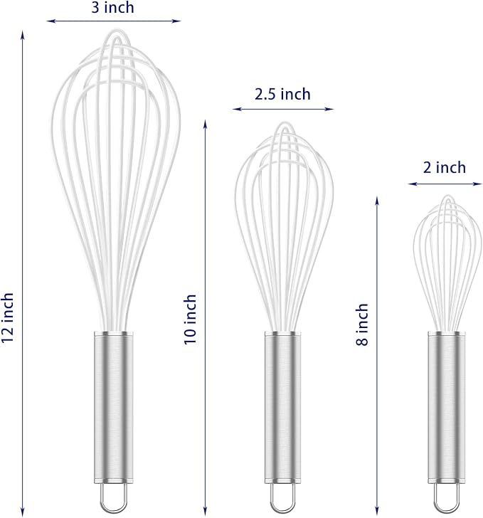 OYV White Silicone Whisk, Professional Whisks For Cooking Non-Scratch, Stainless Steel & Silicone Wisk, Plastic Rubber Whisk Tool For Nonstick Cookware Pans, BPA free, Silicon Wisks Set of 3 - Image 6