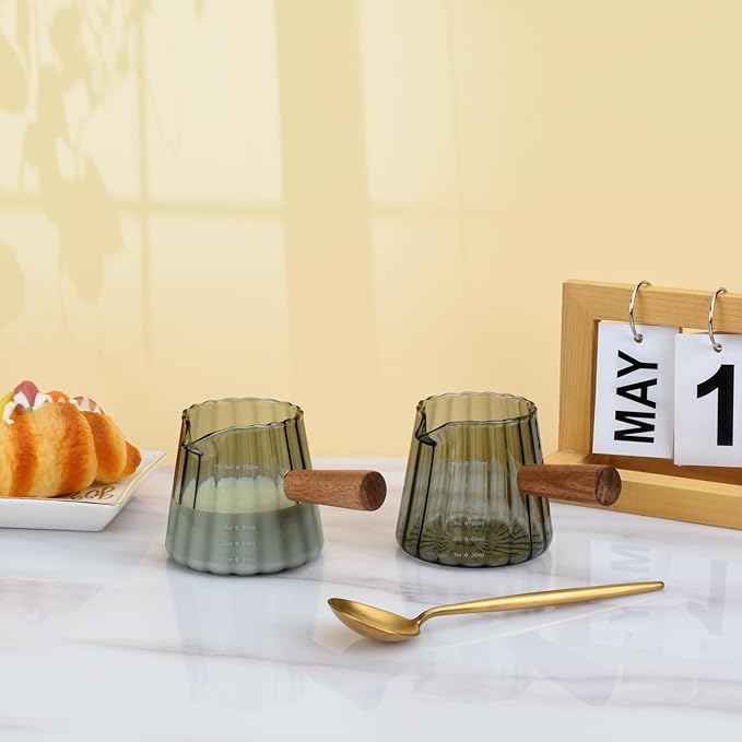 2Pcs Glass Measuring Cup, 6oz Creamer Pitcher with Wood Handle, Creative Milk Frothing Pitcher Creamer Shot Glass (2-Gray)