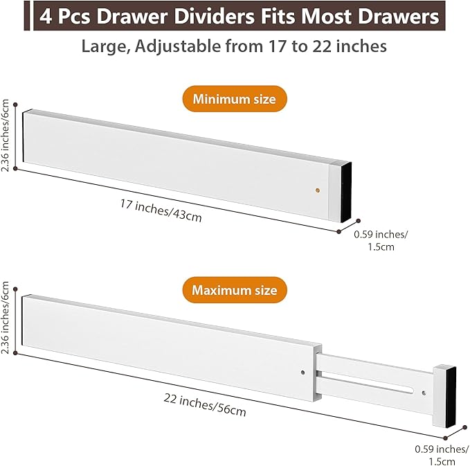DUCOO 4 PCS Drawer Divider, 17"-22" Adjustable Bamboo Drawer Dividers Organizers, Expandable Separators for Kitchen, Clothes, Dressers, Home, Office, White - Image 2