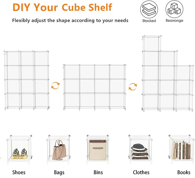 AWTATOS Cube Storage Organizer, Closet Organizers and Storage, 12 Cube Shelves Bookshelf, DIY Stackable Plastic Clothes Organizer Shelving for Bedroom, Home, Transparent Twill - Image 6