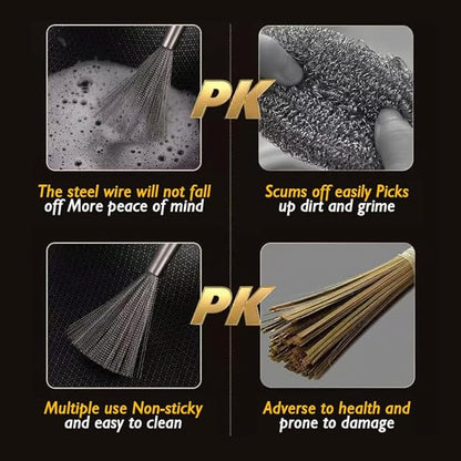 Stainless Steel Dish Brush with Handle, Metal Steel Wool Scrubber for Cast lron, Cookware, Pot(2 PCS)