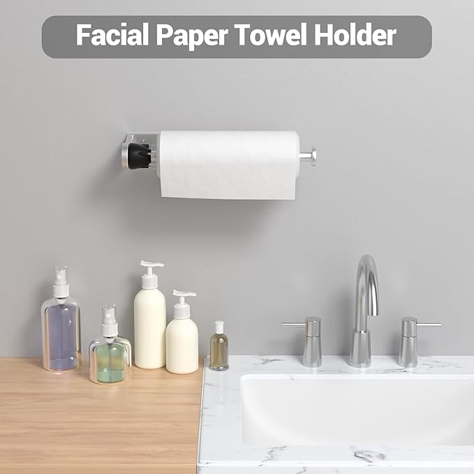 Paper Towel Holder Under Cabinet with Damping Effect, Single-Hand Operable Wall Mount Paper Towel Holder for Kitchen/Bathroom, Under Counter Self-Adhesive/Drilled Kitchen Towel Holder - Image 5