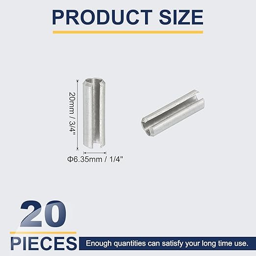 PATIKIL Slotted Spring Pin, 20 Pcs 1/4" x 3/4" (6.35mm x 20mm) 304 Stainless Steel Split Roll Pins Spring Dowel for Home Improvement Automotive Machine Repair, Silver