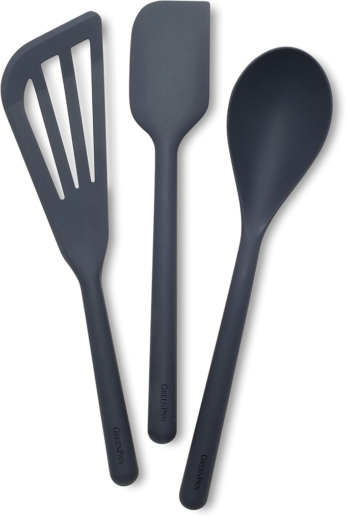 GreenPan Silicone 3 Piece Cooking Utensil Set, Fish Turner, Mixing Spatula, Solid Spoon, Flexible Nonstick Kitchen Tools Rigid Steel Core, Heat-Resistant Anti-Slip Handle BPA-Free Dishwasher Safe Gray by GreenPan