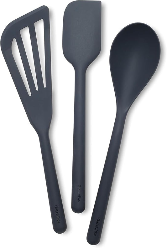 GreenPan Silicone 3 Piece Cooking Utensil Set, Fish Turner, Mixing Spatula, Solid Spoon, Flexible Nonstick Kitchen Tools Rigid Steel Core, Heat-Resistant Anti-Slip Handle BPA-Free Dishwasher Safe Gray by GreenPan
