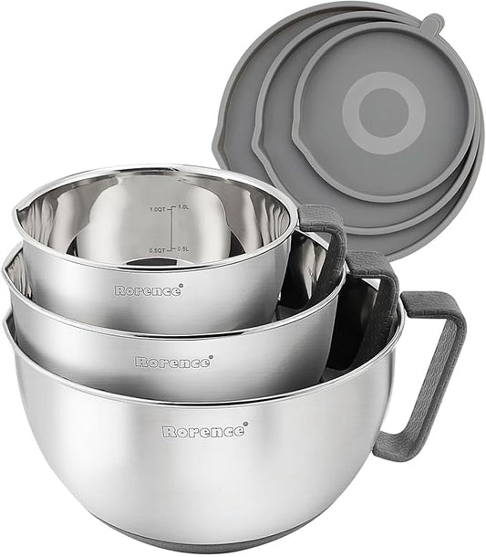 Rorence Mixing Bowls Set: Stainless Steel Non-Slip Bowls with Pour Spout, Handle and Lid - Set of 3 - Gray by Rorence