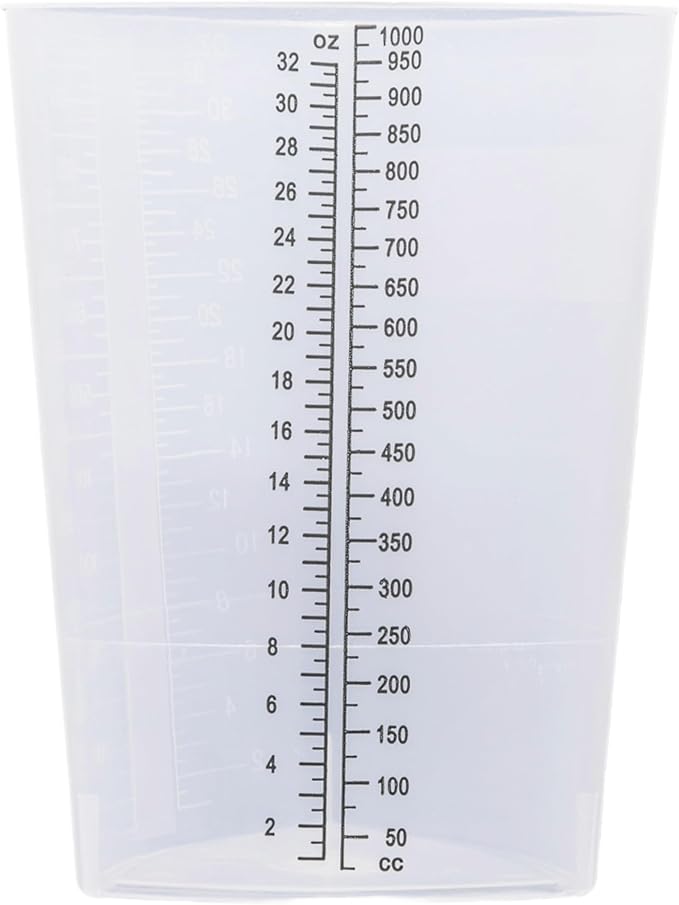 Vakly Plastic Graduated Triangular Intake Output Container [5 Pack] 32 ounce Three-Sided Translucent Laboratory Beaker for Measuring & Mixing - Clear Markings in oz & cc - for Specimen, Paint & Epoxy