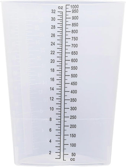 Vakly Plastic Graduated Triangular Intake Output Container [5 Pack] 32 ounce Three-Sided Translucent Laboratory Beaker for Measuring & Mixing - Clear Markings in oz & cc - for Specimen, Paint & Epoxy